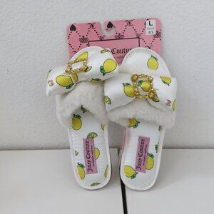 Juicy Couture JC-Gailee Women White Satin Faux Fur Lemon Slippers